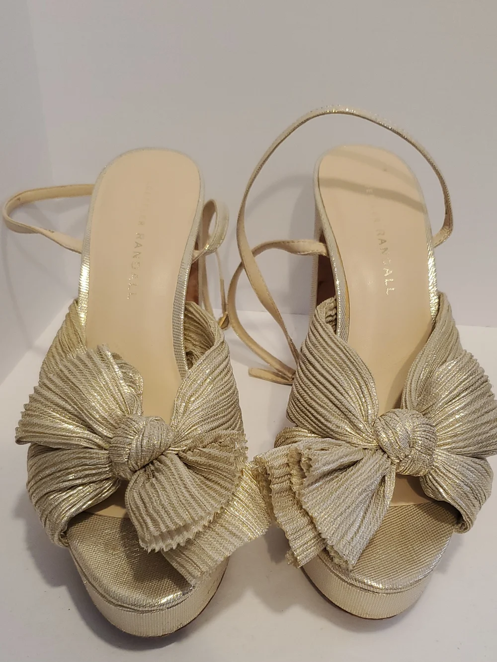 LOEFFLER RANDALL Natalia Platinum Metallic Gold Pleated Knot Bow Sandal Size 7B